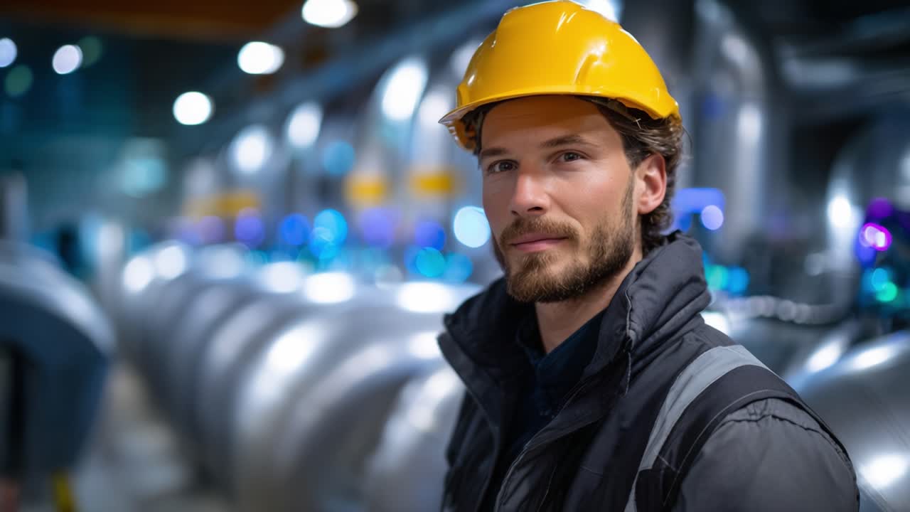 Un lavoratore concentrato con il casco di sicurezza si erge con sicurezza tra i macchinari industriali, dimostrando impegno per la sicurezza e professionalità in un ambiente di lavoro frenetico