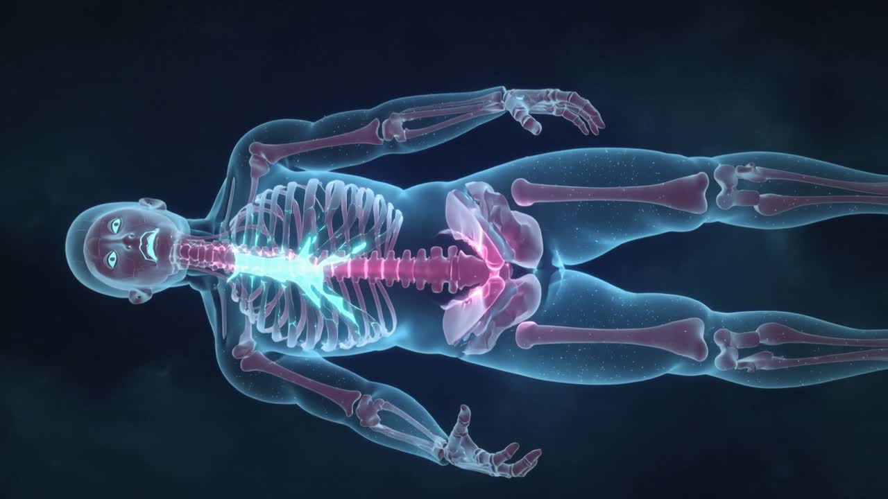 Opening sequence rotating translucent 3D anatomical model highlighting spine and pelvis in nebula