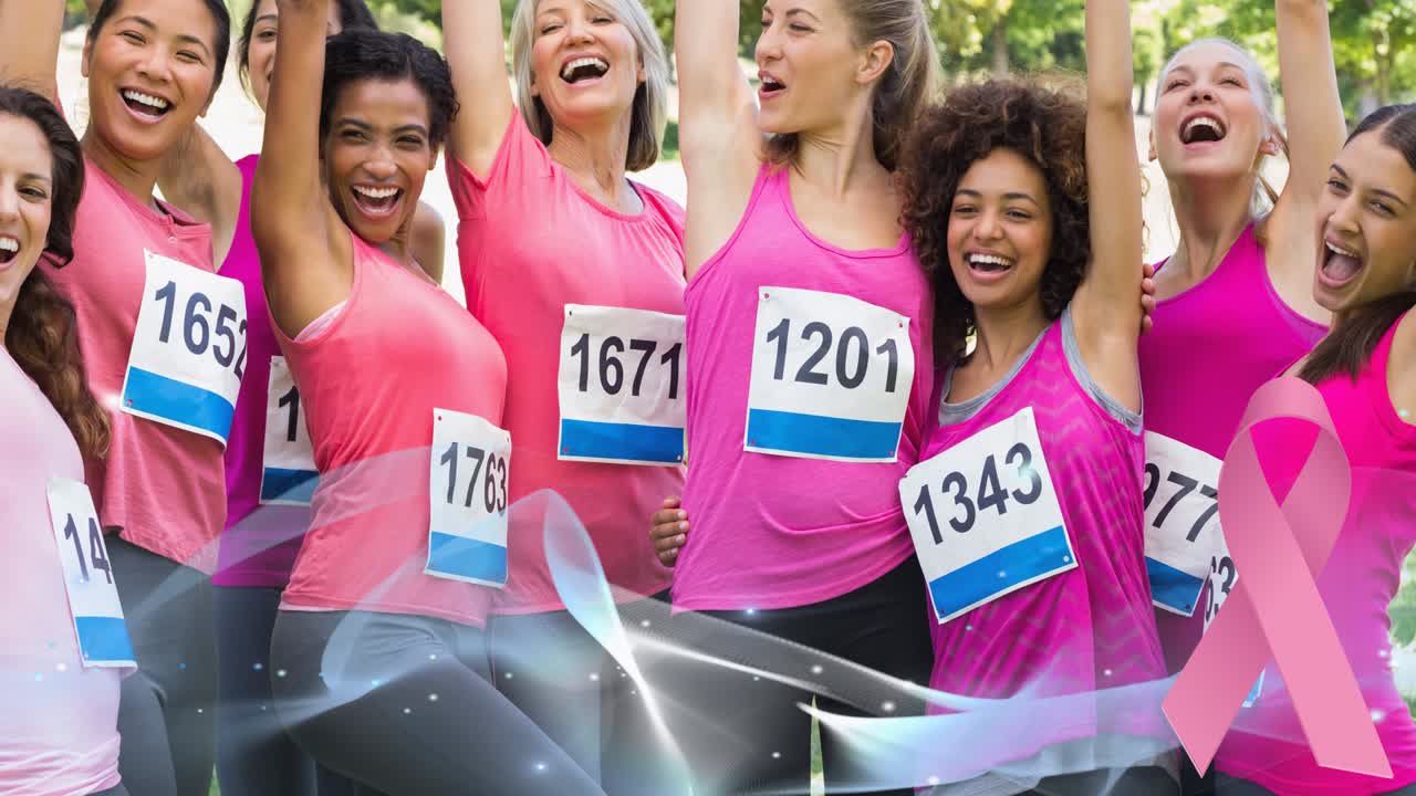 분홍색 리본 로고와 파란색 파동이 웃는 다양한 여성 그룹 위에 애니메이션