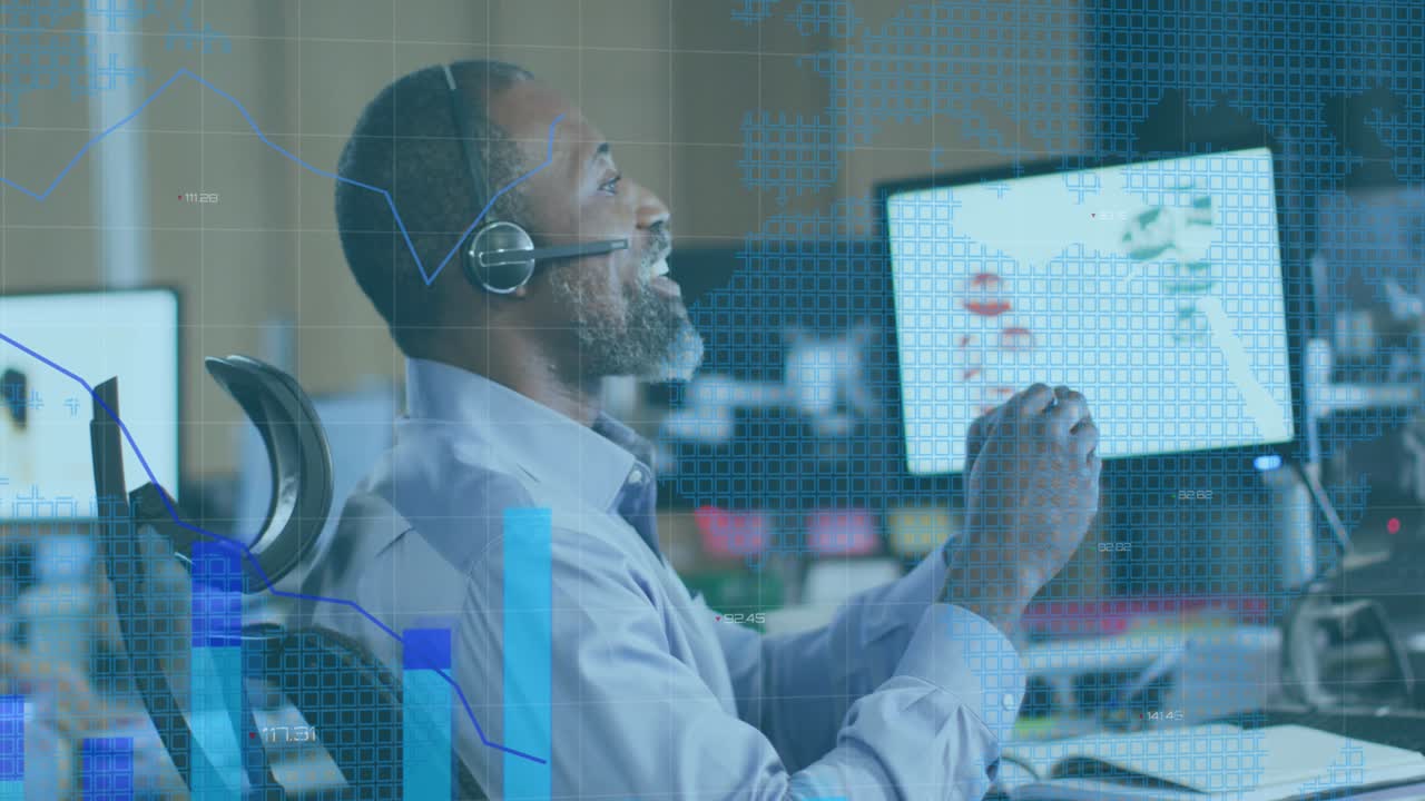 animazione dell'elaborazione dei dati finanziari su un uomo d'affari afroamericano che usa le cuffie del telefono