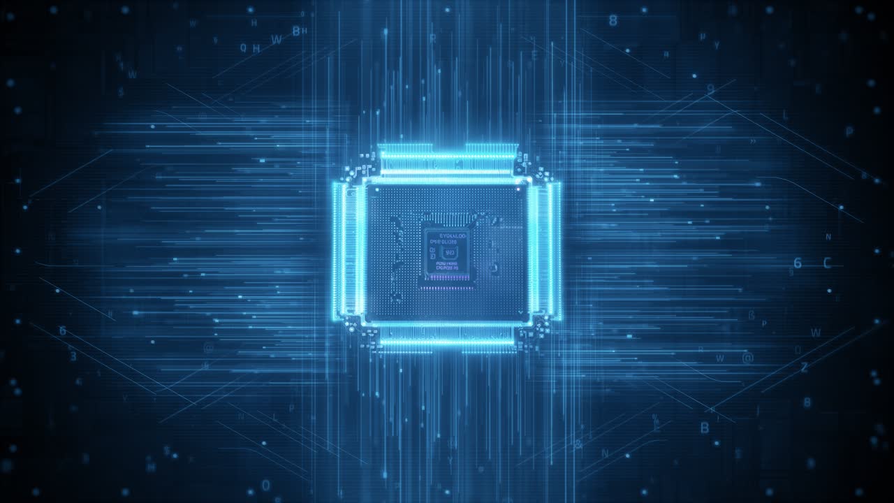 Microchip futuristico che elabora dati su una scheda a circuito digitale