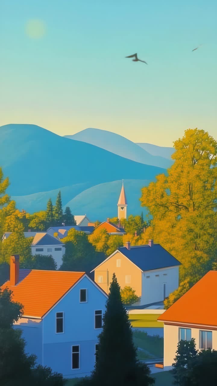 A serene aerial video view of a picturesque village with colorful rooftops, lush trees, and distant