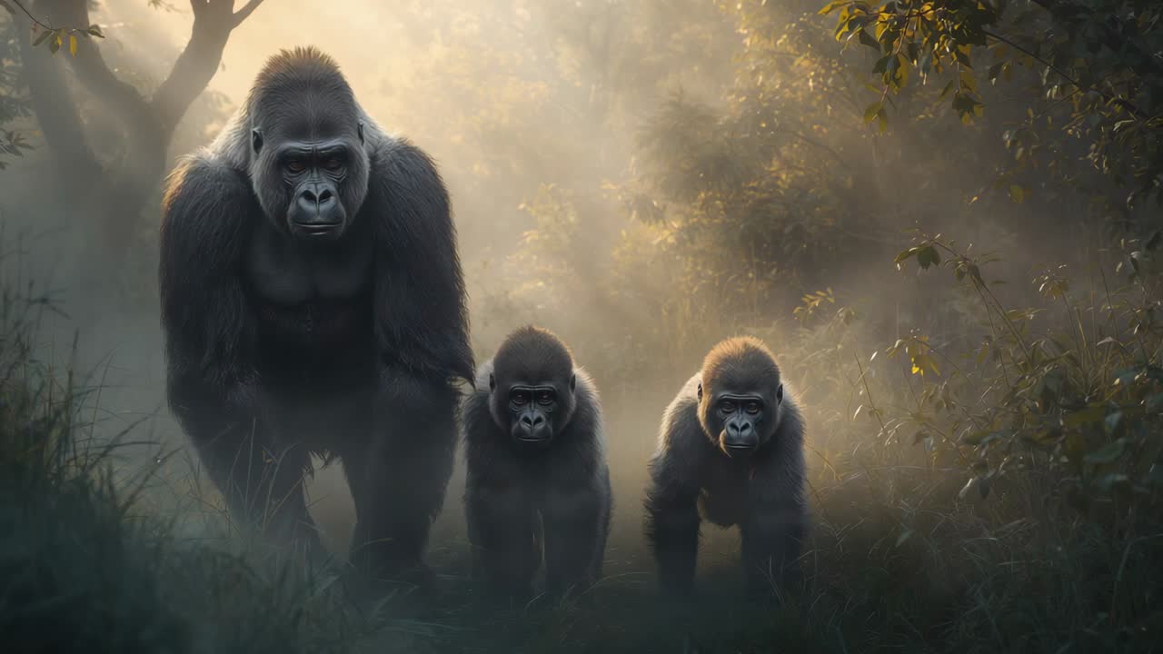 Walking adult-led group of three gorillas advancing along faint forest path, guided by dawn light
