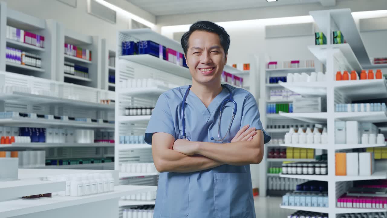 스테토스코프를 들고 약국에서 팔을 고 웃는 아시아 남성 의사