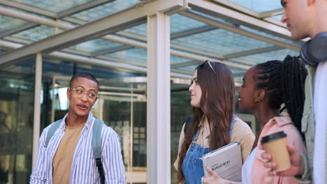 friends, talking and students walking