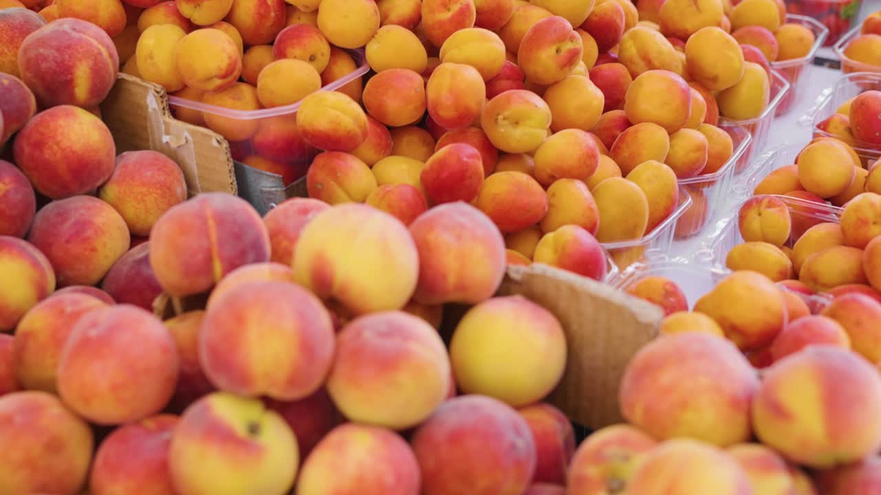 Pêches biologiques fraîches prêtes à la vente au marché de producteurs