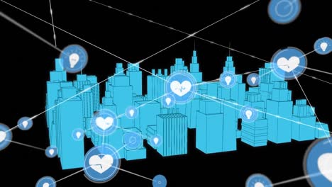 Animation-of-network-of-connections-with-icons-over-3d-city-drawing