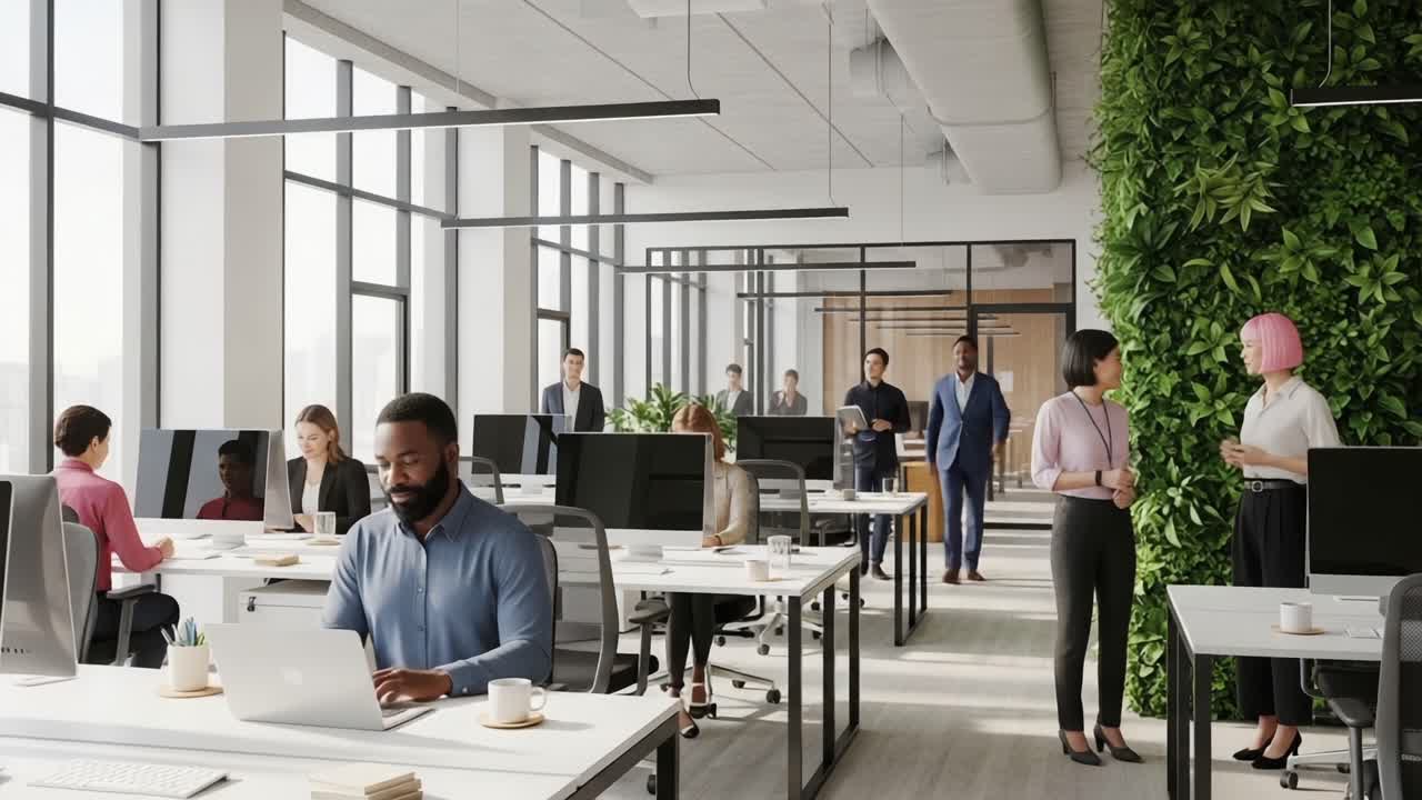 Modern Office Environment Showcasing Collaborative Workspace with Professionals Engaged in Work Activities, Emphasizing Productivity and Community Interaction