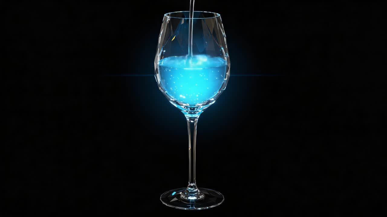 A Captivating Sparkling Glass of Blue Water Illuminated Against a Dark Background, Showcasing Its Brightness and Intriguing Visual Appeal