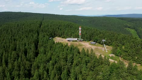 drone view during which it rotates around the sky resort above a forest full of trees