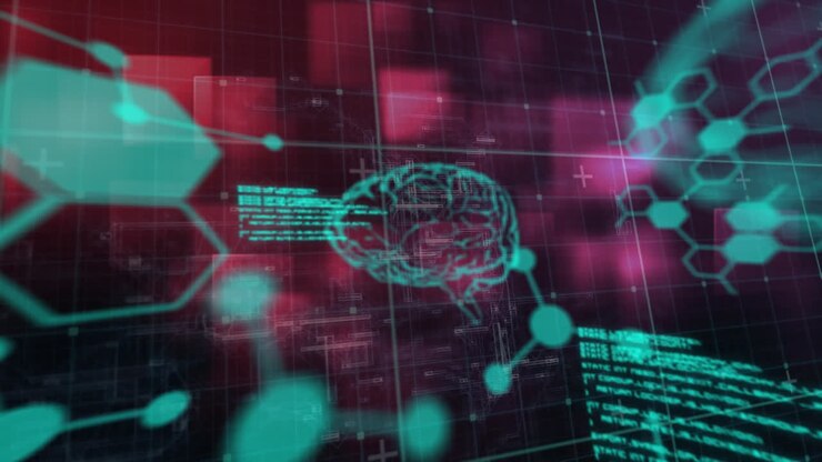 Animation of data processing and digital brains over glowing squares on black backrgound