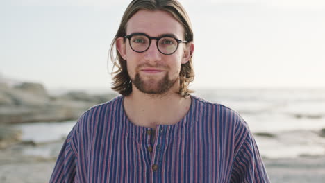 Face,-beach-and-man-with-glasses-on-vacation