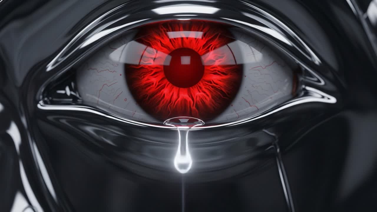 An Intense Close-Up of a Futuristic Eye with a Striking Red Iris and a Single Tear, Capturing Emotion in a Metallic Setting, Blending Technology and Sentience Together