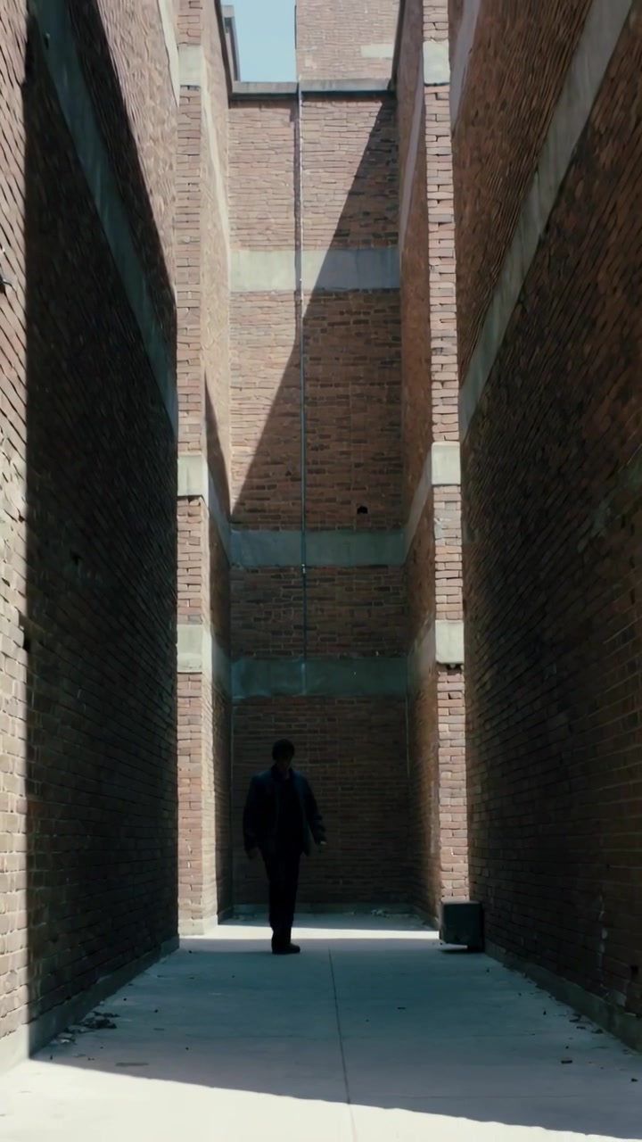 Vertical video: Emerging man from left in dark jacket walking through brick passage, passing pipe