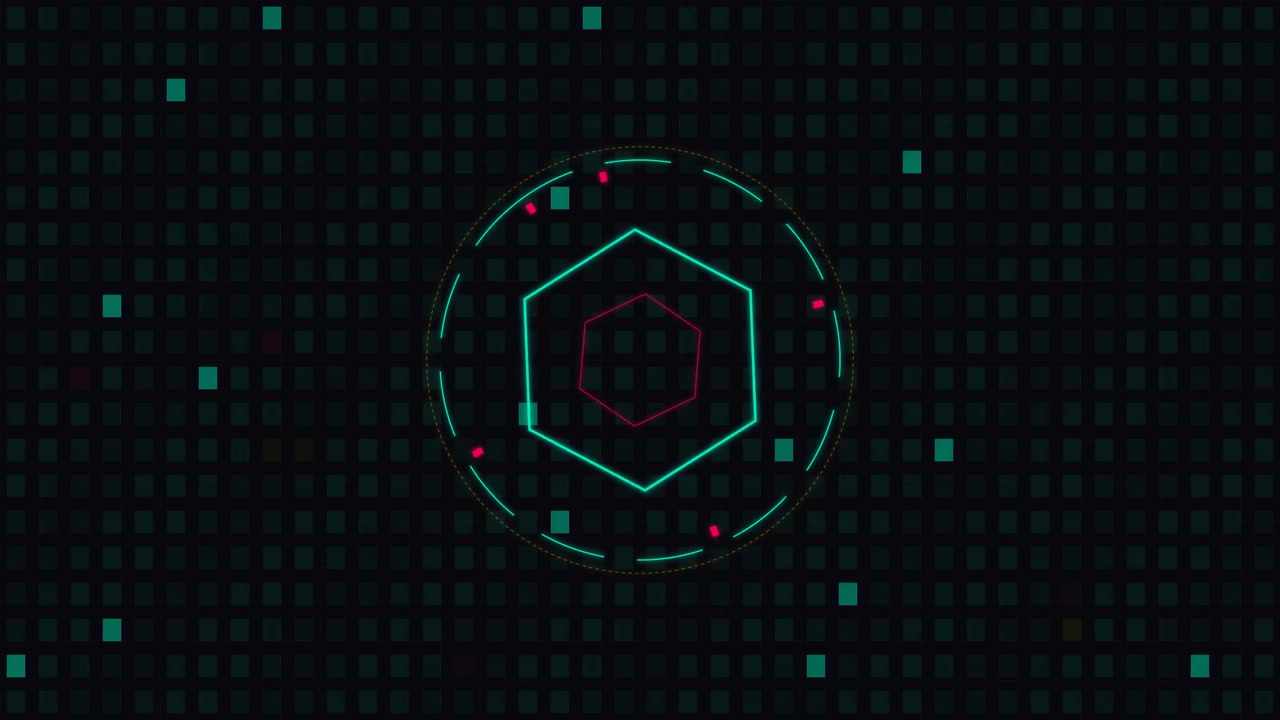 Digital Hexagon HUD Interface with Floating Data Particles