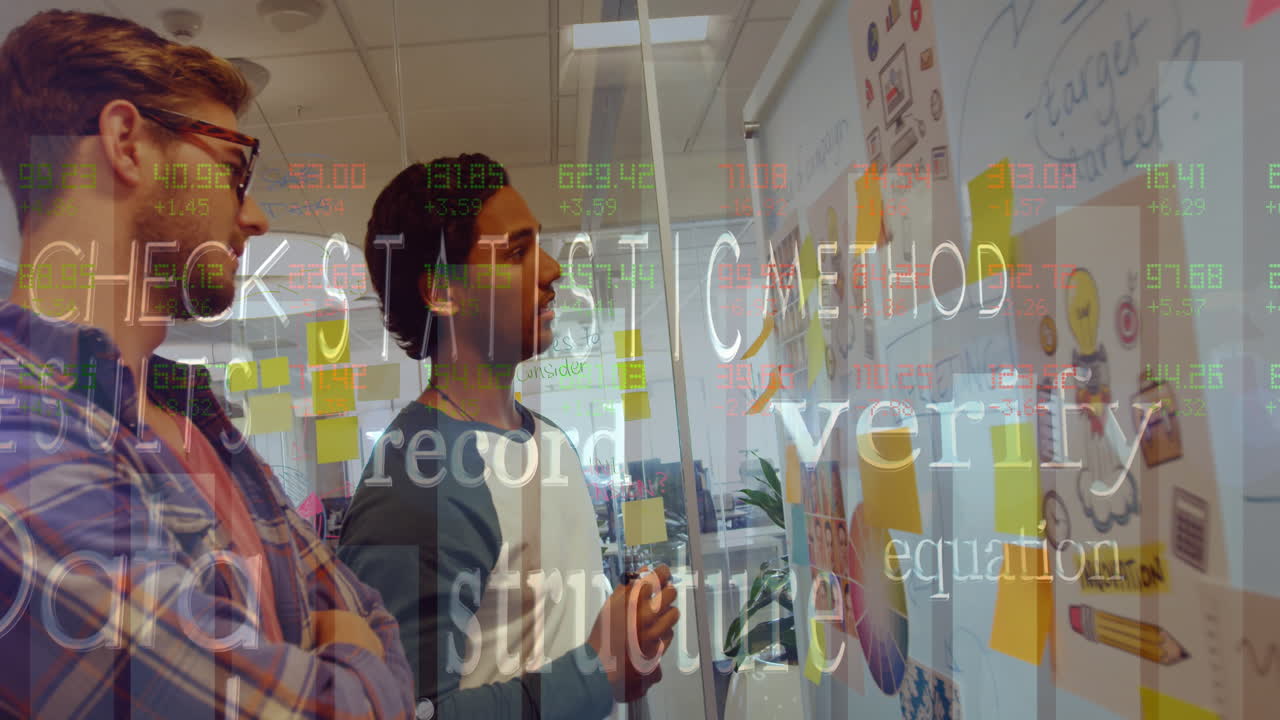 Business concept texts against diverse male office colleagues discussing over memo notes