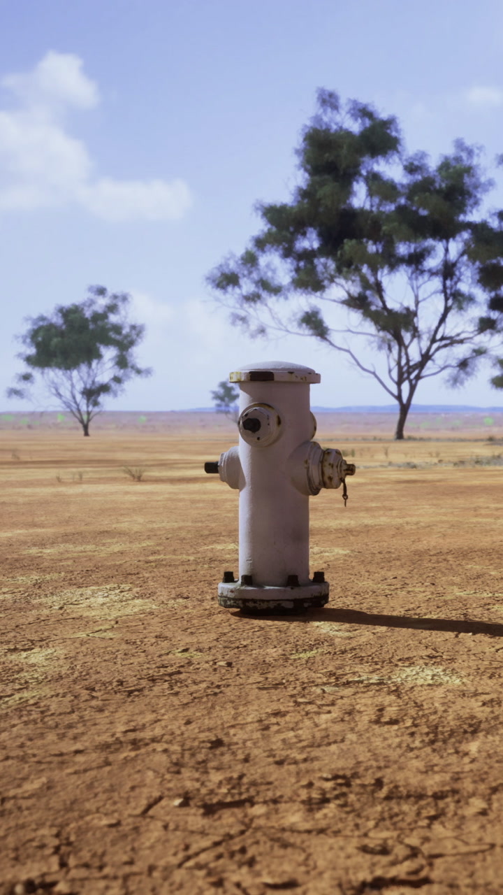 Bright fire hydrant stands alone in arid landscape under clear blue sky