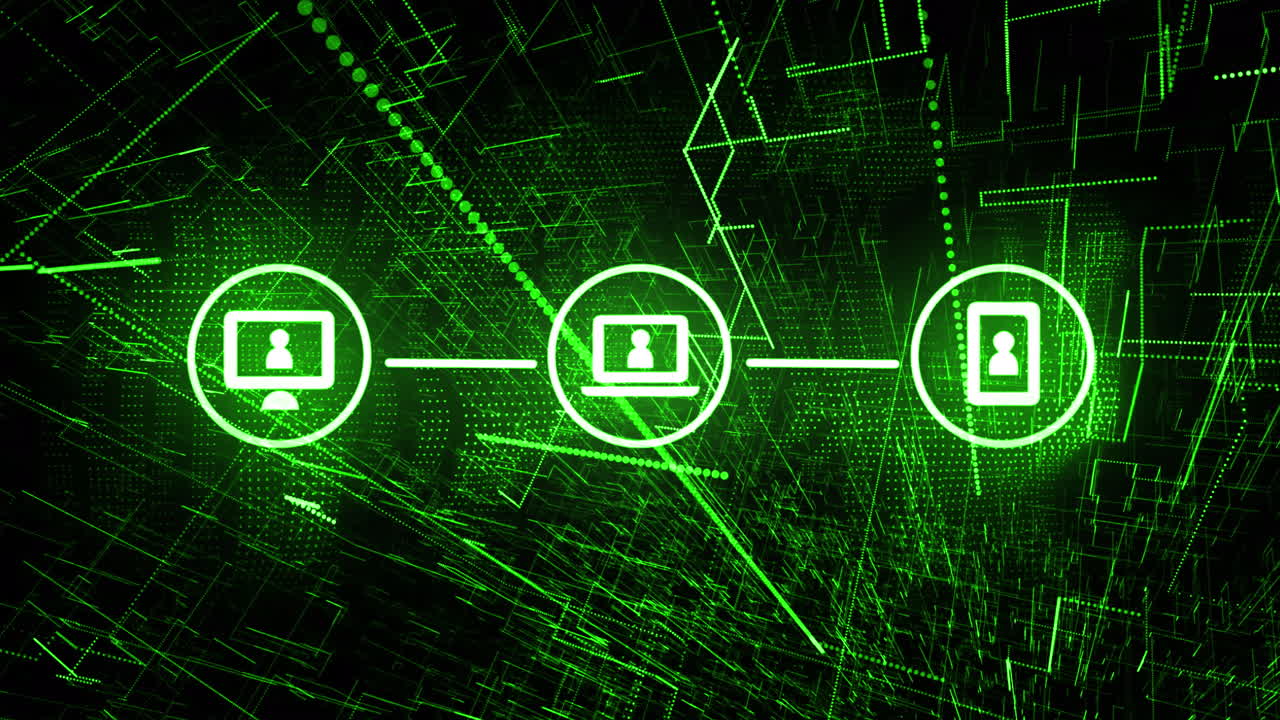 검은색 배경 위에 움직이는 녹색 점과 미디어 아이콘의 애니메이션