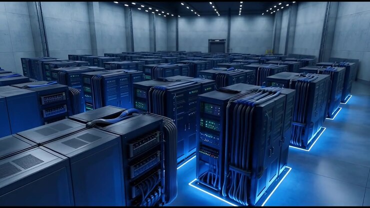 Modern Data Center Server Room with Rows of Computing Racks