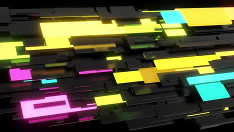 abstract looped 4k dark background neon cubes light bulbs. visualisation of working ai big data or blockchain technology. different sizes cubes network flashing multicolor neon light, like night city.