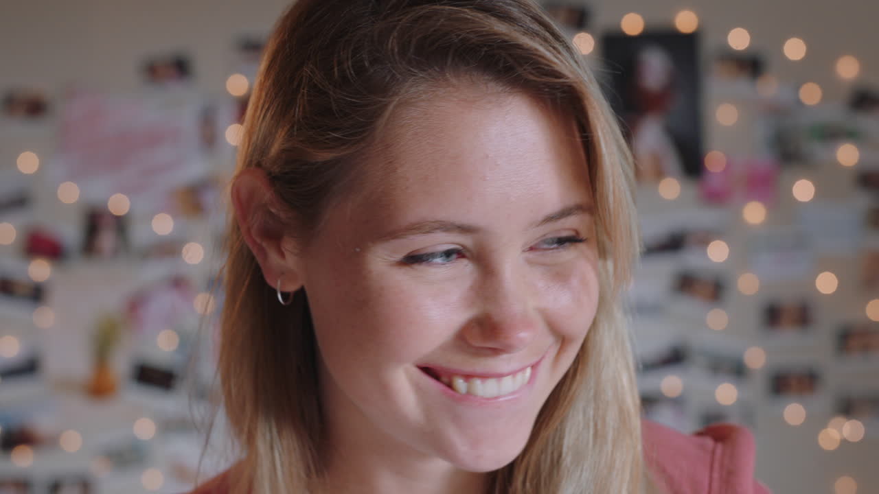 retrato de una hermosa adolescente riendo feliz y segura de sí misma adolescente en casa concepto de autoimagen adolescente 4k