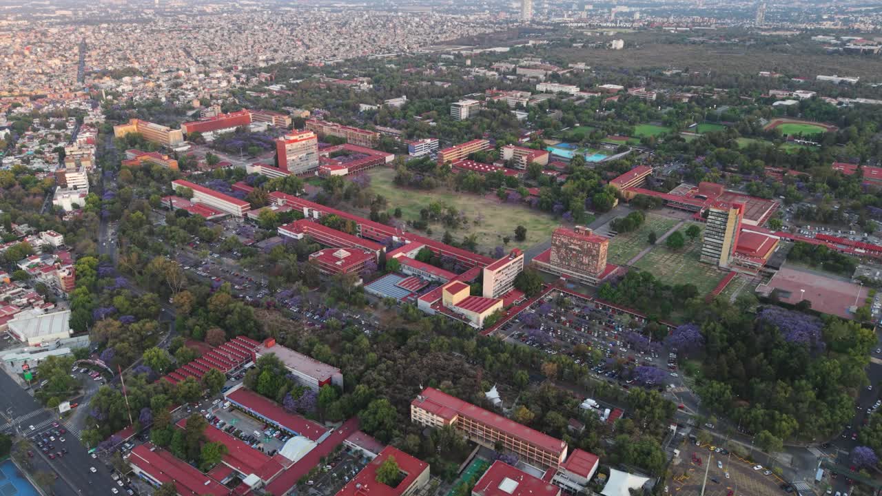 Drone flying at a high altitude above University City campus, Mexico City
