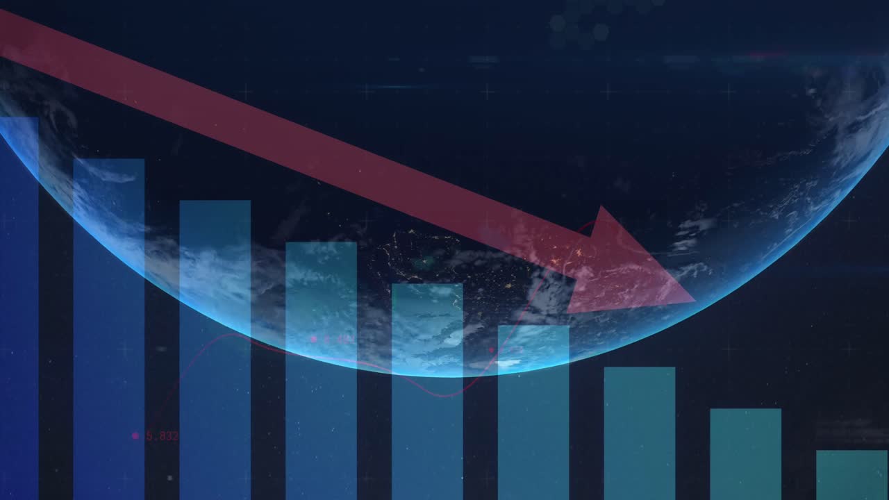 Animation of statistics with numbers changing and red arrow over globe