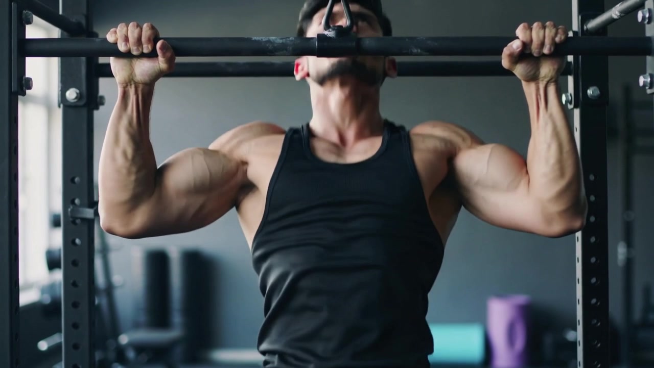Homem de regata preta segurando a barra fixa em um power rack, fazendo flexões na barra estritas para força.