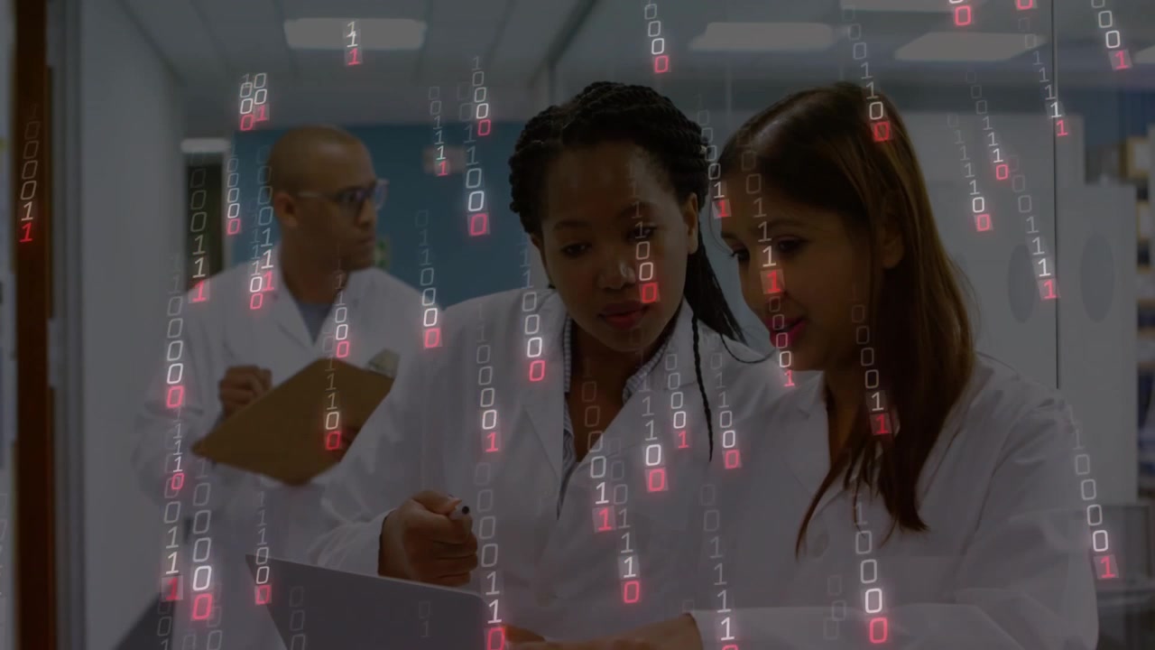 Lab scientists powering on laptop and causing binary overlay streaming while colleague noting data