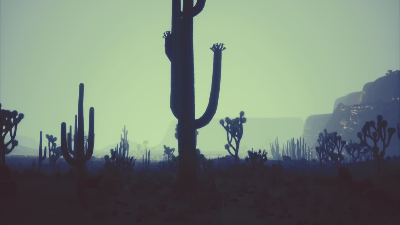 Beneath a dusky sky tall cacti tower over the desert terrain