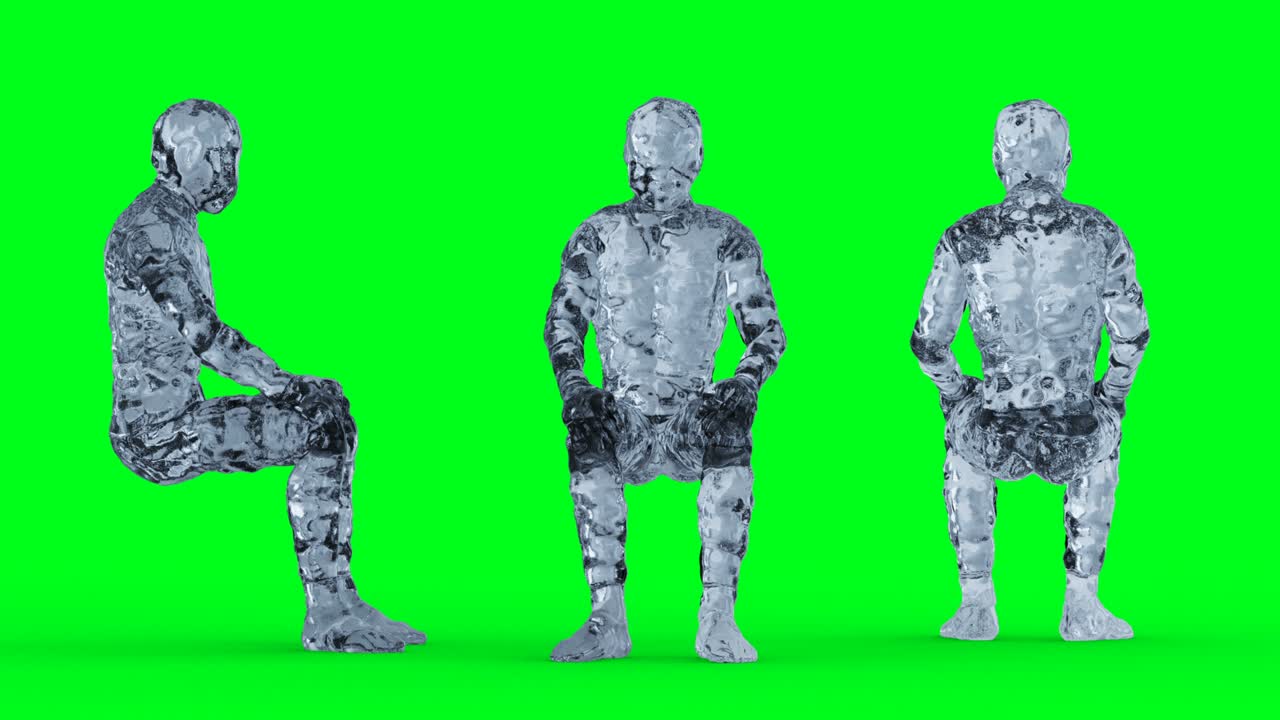 얼음, 유리 남자 캐릭터 애니메이션, 녹색 화면에서 고립.