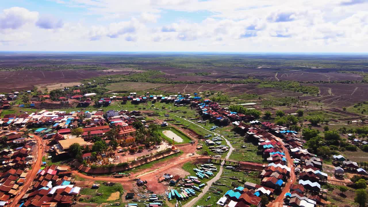 Aerial footage of a village on the Tonle Sap waiting for water level to rise at the start of the rainy Season.