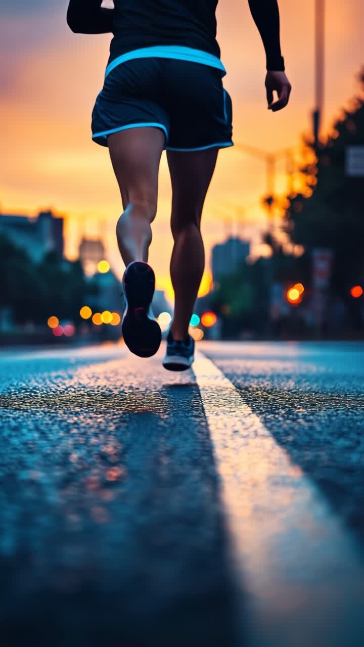 Dynamic low-angle shot of a runner on a wet road at sunset, capturing motion and energy