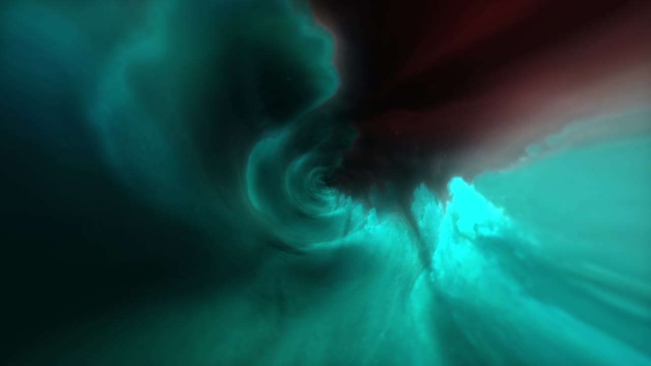 Abstract dark glow blue emerald green  Cloud Storm Tunnel Travel Animation Loop Turquoise Green color. 4K 3D render abstract stormy clouds with flying particles cinematic animation background