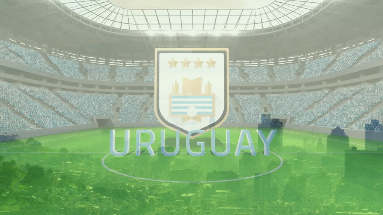 Uruguay crest and translucent URUGUAY text projecting over vivid green pitch inside modern stadium