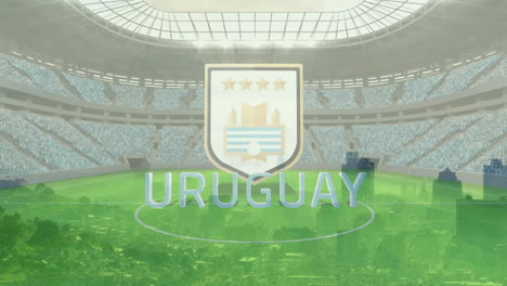 uruguay crest and translucent uruguay text projecting over vivid green pitch inside modern stadium
