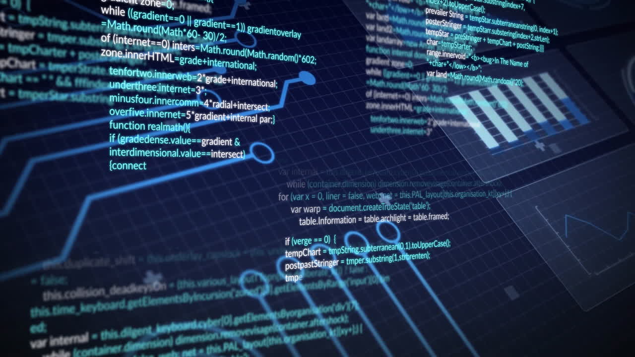 Processing digital code and data, animation on abstract blue technological background