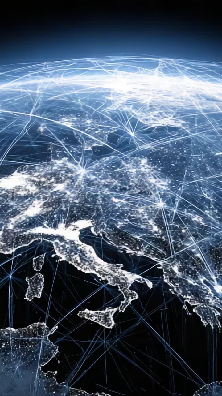 Stunning Visualization of Global Connectivity: A Detailed Overview of Europe's Networked Landscape Illuminated by Nighttime Lights and Data Flow Representations