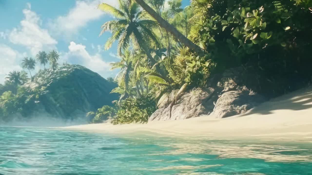 Vídeo de praia tropical com uma vista em ângulo baixo de palmeiras exuberantes e águas turquesa