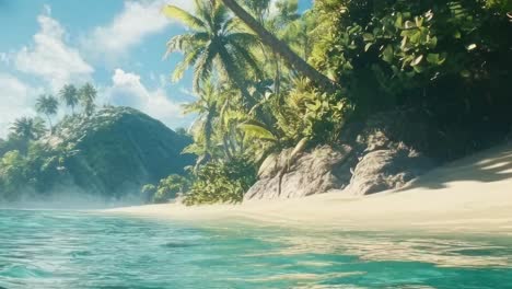 tropical beach video with a low-angle view of lush palm trees and turquoise waters