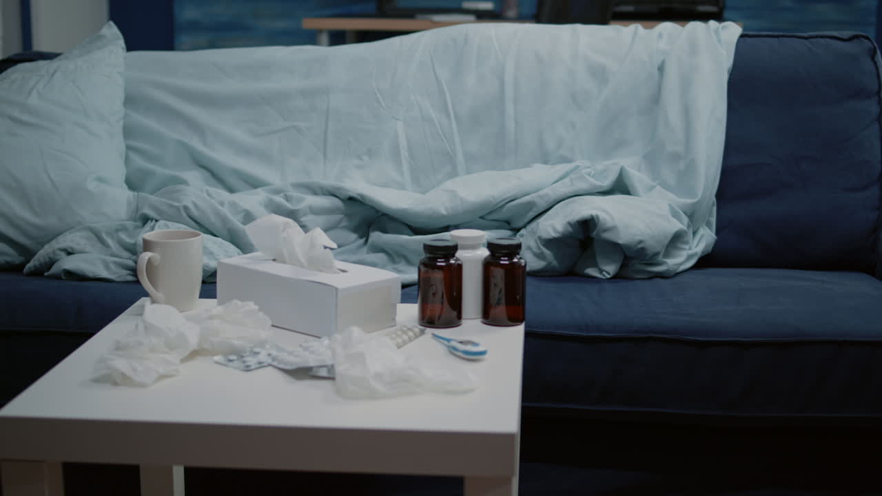 Nobody in living room with medical treatment against flu