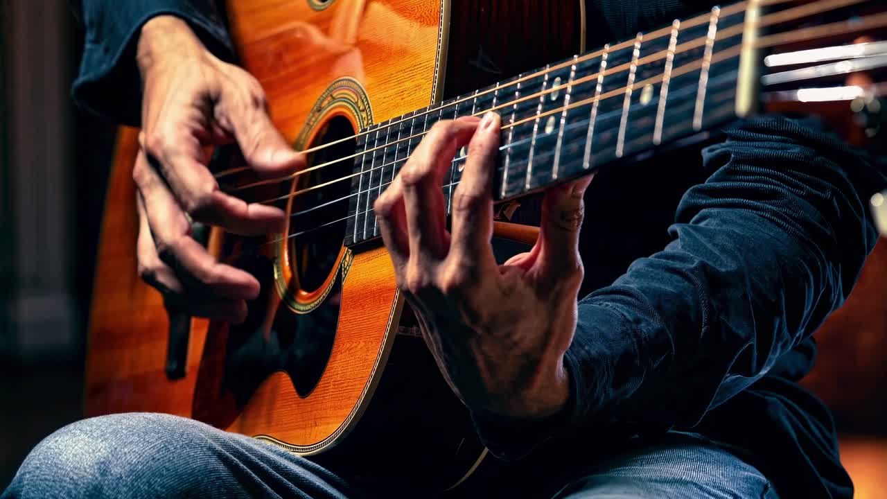 Lähikuva käsistä soittamassa akustista kitaraa, korostaen kieliä ja sormia