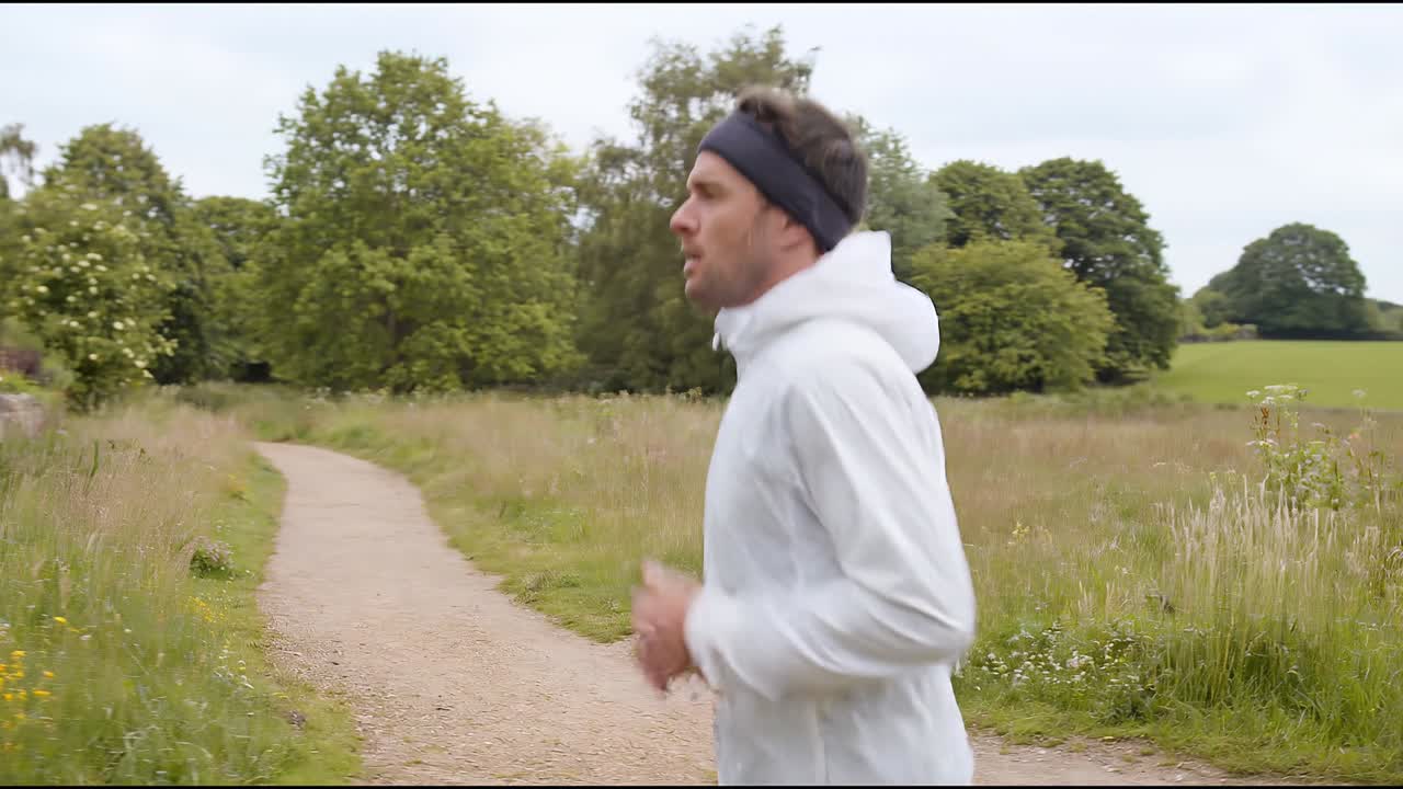 Male runner jogging along countryside trail through green park during morning fitness workout