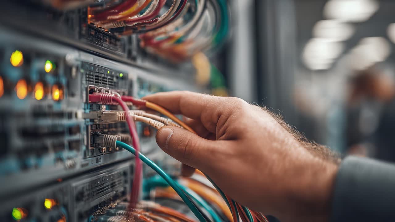 A close-up view of a technician's hand connecting network cables in a data center, illustrating the importance of precise connections for optimal networking performance