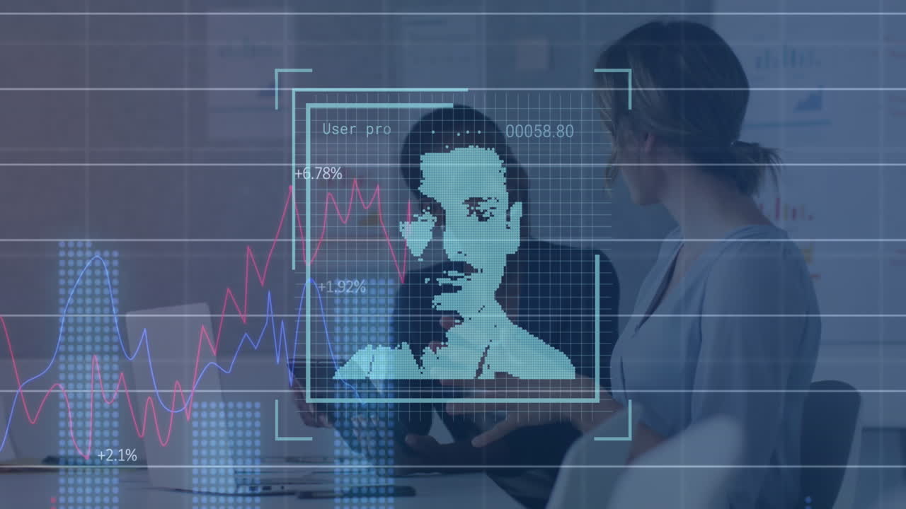 animación de una imagen de perfil digital, múltiples gráficos, diversas compañeras de trabajo discutiendo en el escritorio