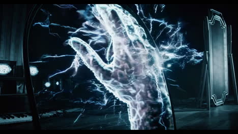 glowing hand hologram in a dark room