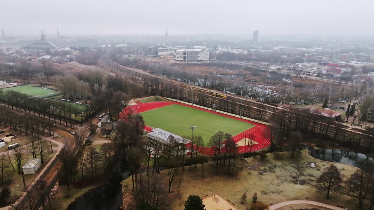 Arkadija recreation park and stadium in Riga Latvia filmed in February
