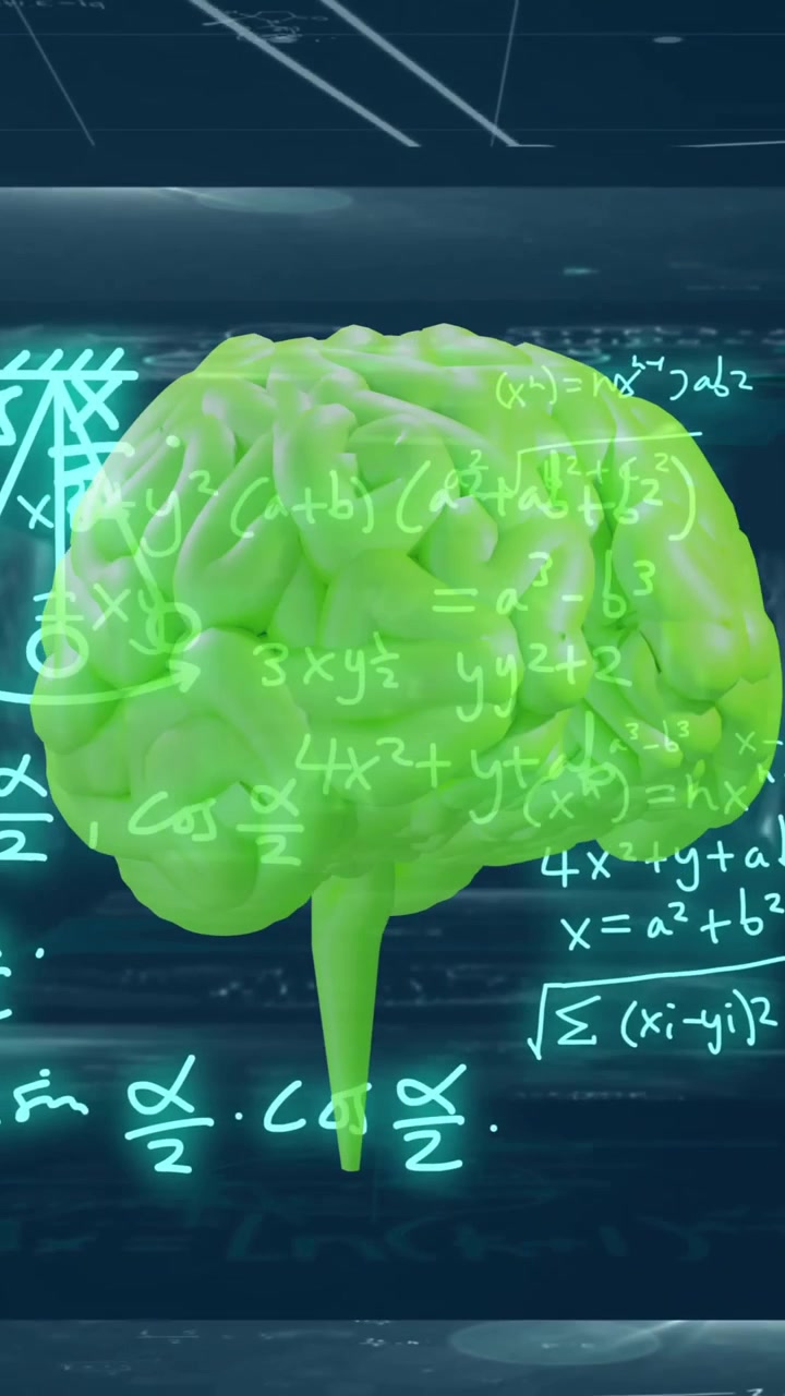 Animazione di equazioni matematiche e modello cerebrale su sfondo scuro con formule