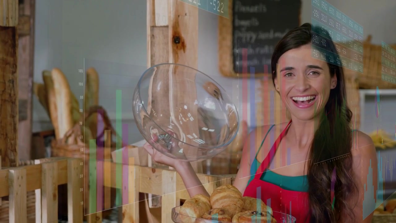 Trabajador de panadería alcanzando una cúpula de cristal y revisando pasteles para presentar, con barras de datos vívidas sobre la escena