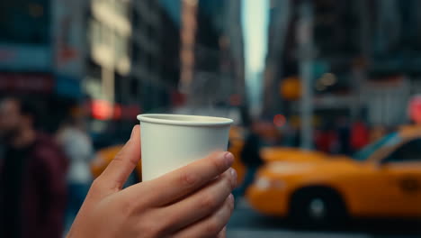 hand holding a coffee cup on a busy city street